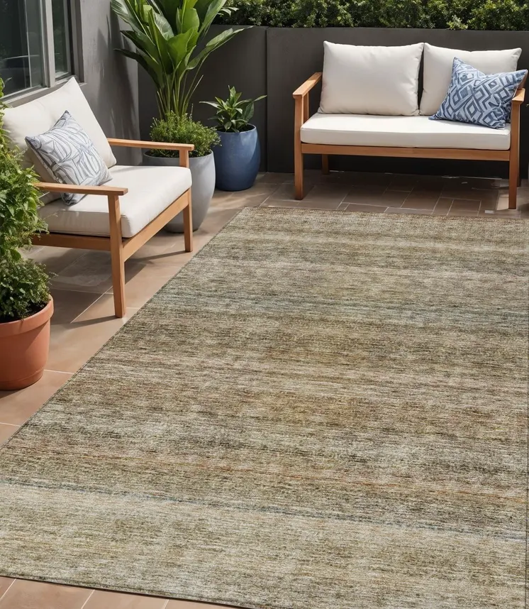 5' X 8' Copper And Green Striped Washable Indoor Outdoor Area Rug