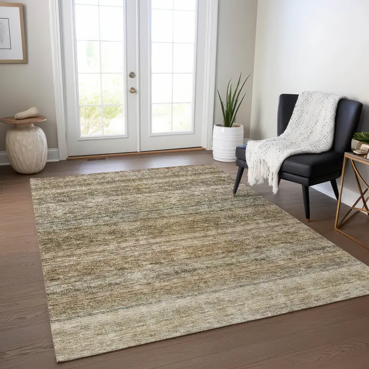 5' X 8' Copper And Green Striped Washable Indoor Outdoor Area Rug