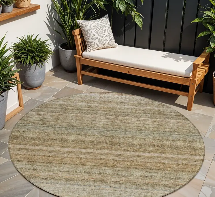 8' Copper And Green Round Striped Washable Indoor Outdoor Area Rug