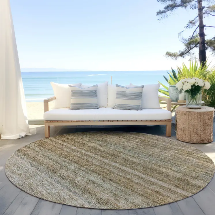 8' Copper And Green Round Striped Washable Indoor Outdoor Area Rug