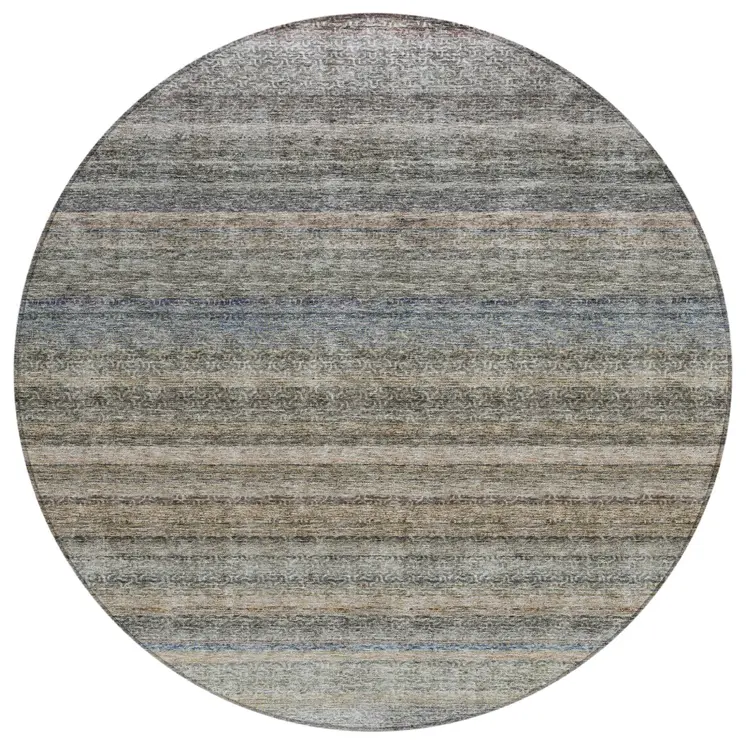 8' Taupe And Green Round Striped Washable Indoor Outdoor Area Rug
