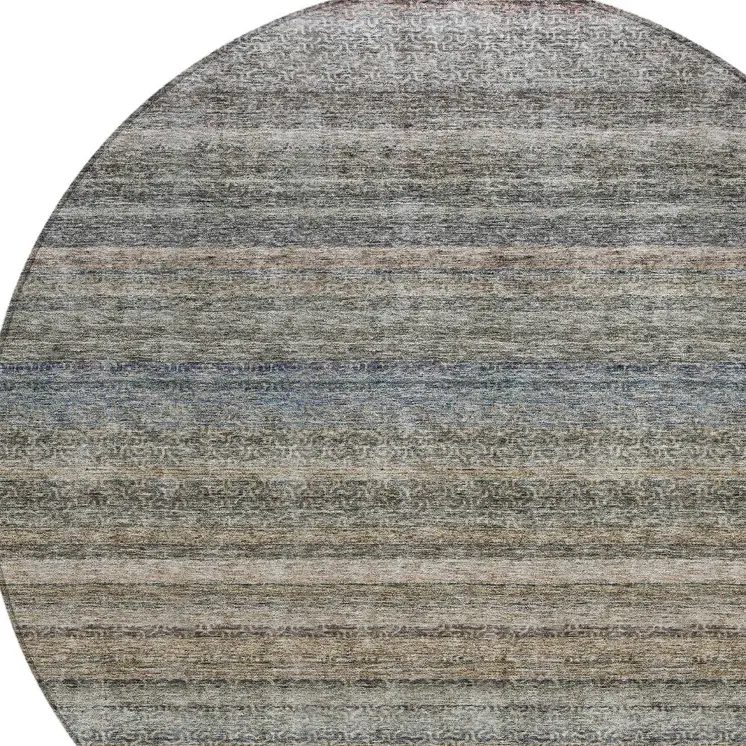 8' Taupe And Green Round Striped Washable Indoor Outdoor Area Rug