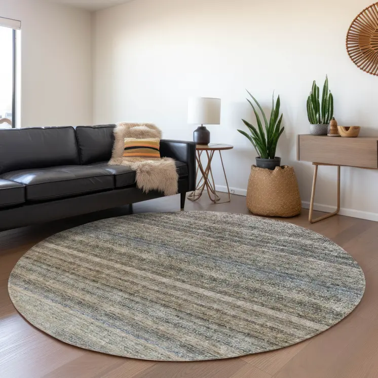 8' Taupe And Green Round Striped Washable Indoor Outdoor Area Rug