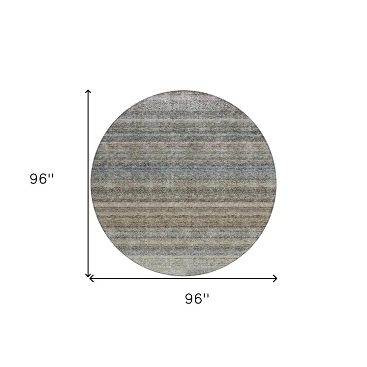 8' Taupe And Green Round Striped Washable Indoor Outdoor Area Rug