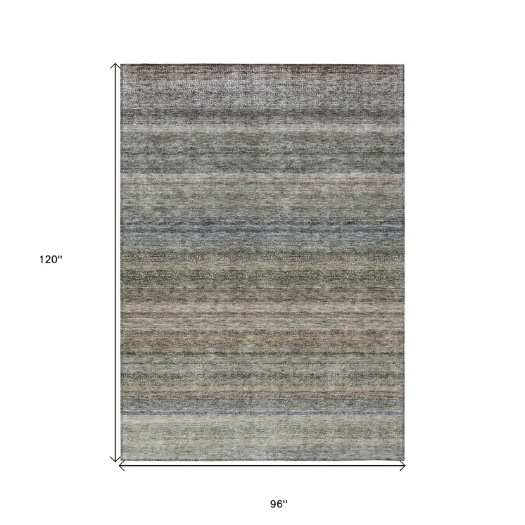 8' X 10' Taupe And Green Striped Washable Indoor Outdoor Area Rug