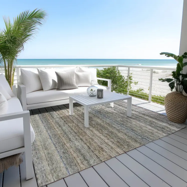 8' X 10' Taupe And Green Striped Washable Indoor Outdoor Area Rug