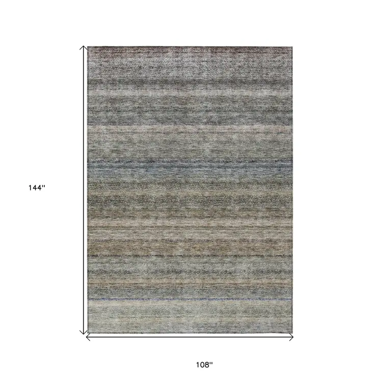 9' X 12' Taupe And Green Striped Washable Indoor Outdoor Area Rug