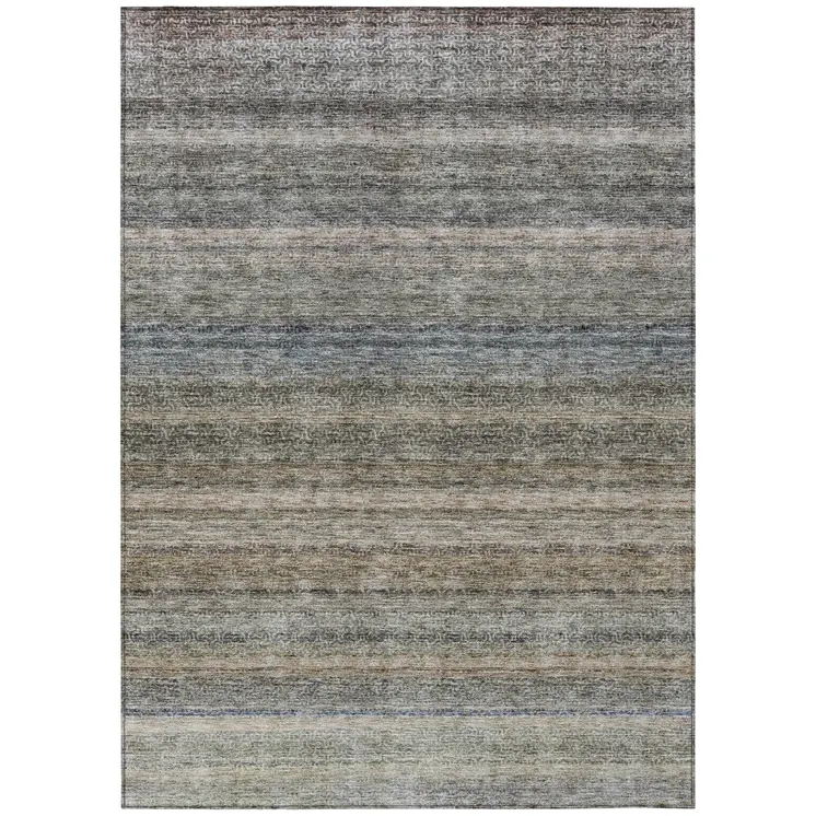 9' X 12' Taupe And Green Striped Washable Indoor Outdoor Area Rug