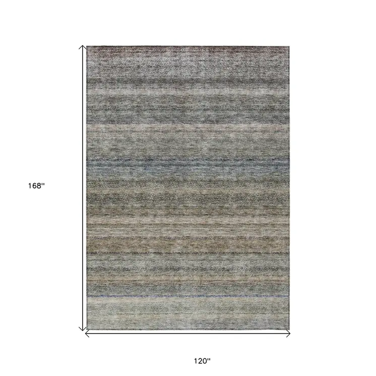 10' X 14' Taupe And Green Striped Washable Indoor Outdoor Area Rug
