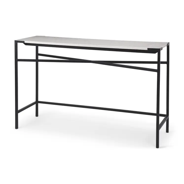 50" White and Black Genuine Marble and Metal Console Table