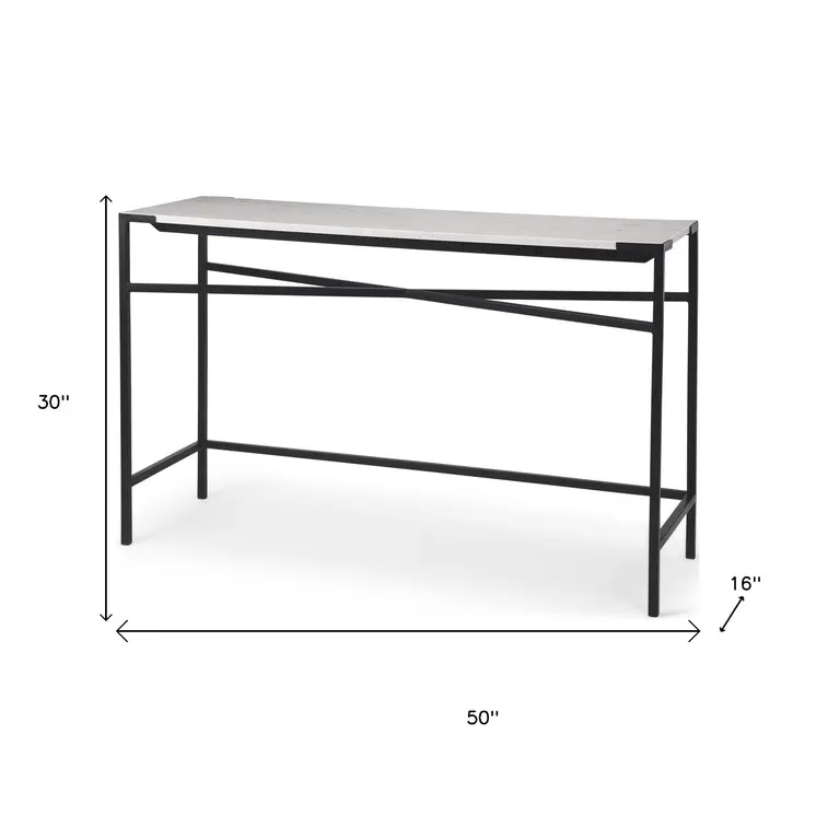 50" White and Black Genuine Marble and Metal Console Table