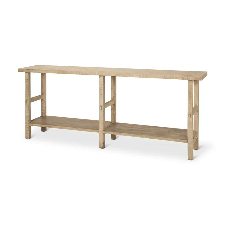 77" Natural Solid Wood Distressed Six Leg Console Table With Shelf