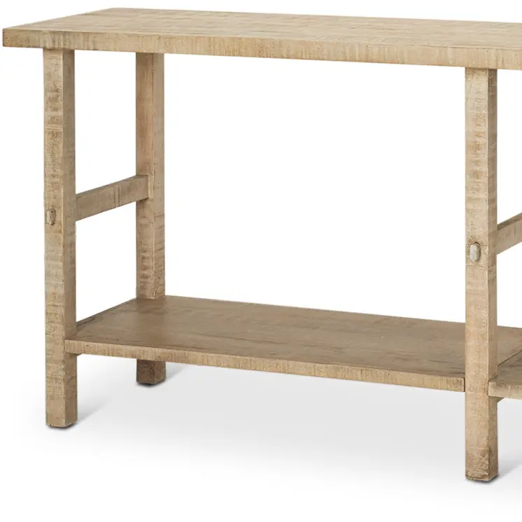 77" Natural Solid Wood Distressed Six Leg Console Table With Shelf