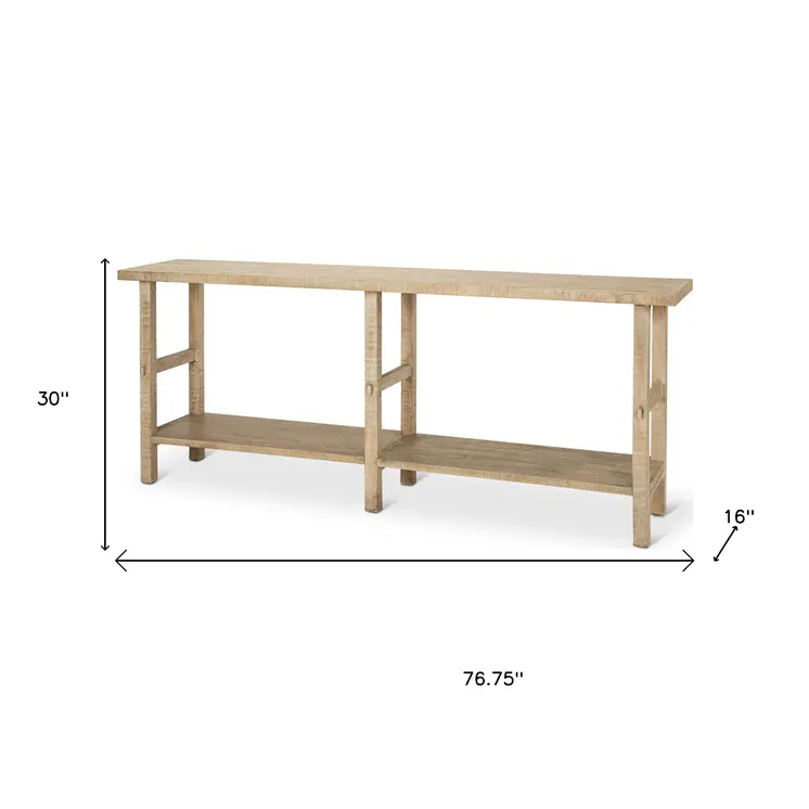 77" Natural Solid Wood Distressed Six Leg Console Table With Shelf