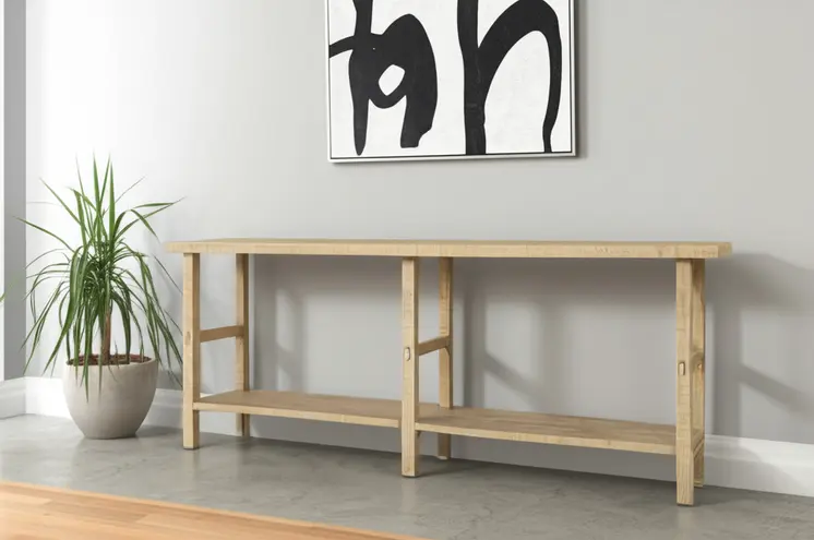 77" Natural Solid Wood Distressed Six Leg Console Table With Shelf