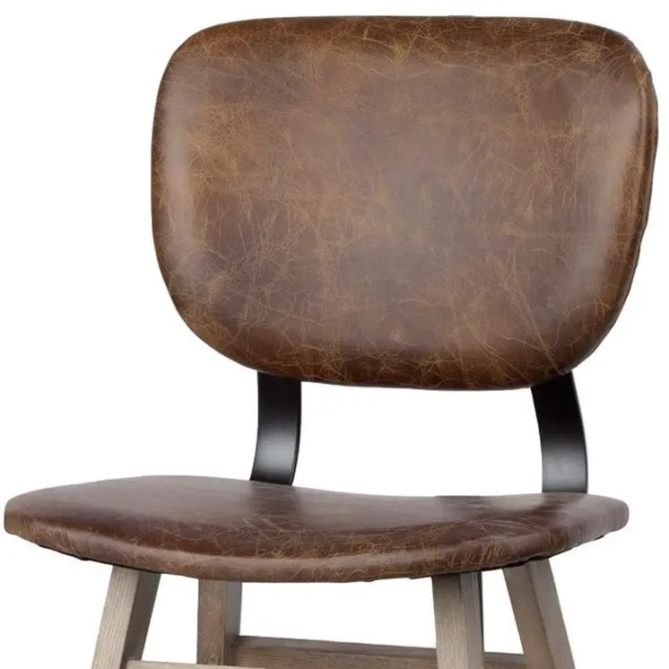 Set of Two Brown Leather And Solid Wood Open Back Dining Side Chairs