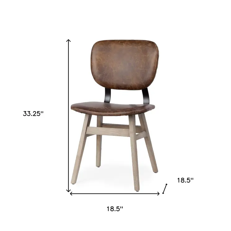 Set of Two Brown Leather And Solid Wood Open Back Dining Side Chairs