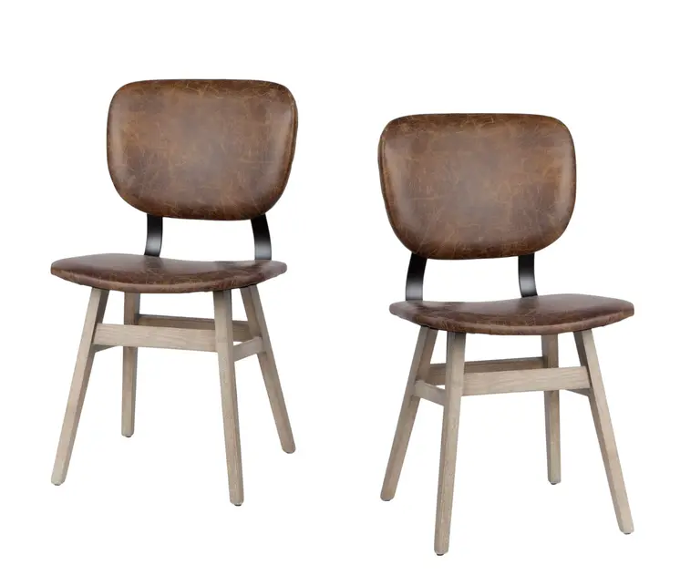 Set of Two Brown Leather And Solid Wood Open Back Dining Side Chairs