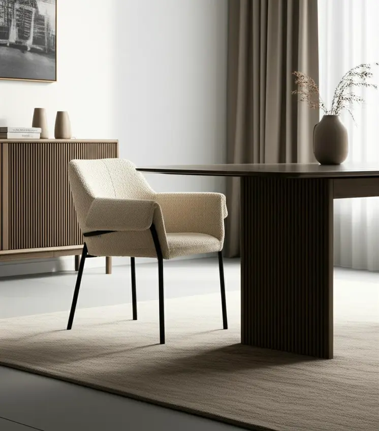 Cream and Black Boucle And Metal Dining Arm Chair