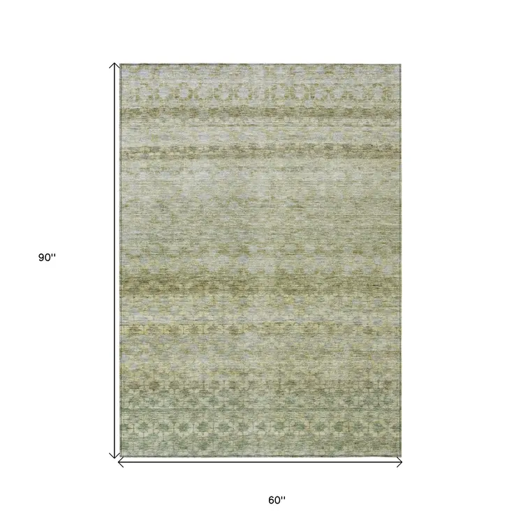 5' X 8' Artichoke Green And Beige Striped Washable Indoor Outdoor Area Rug