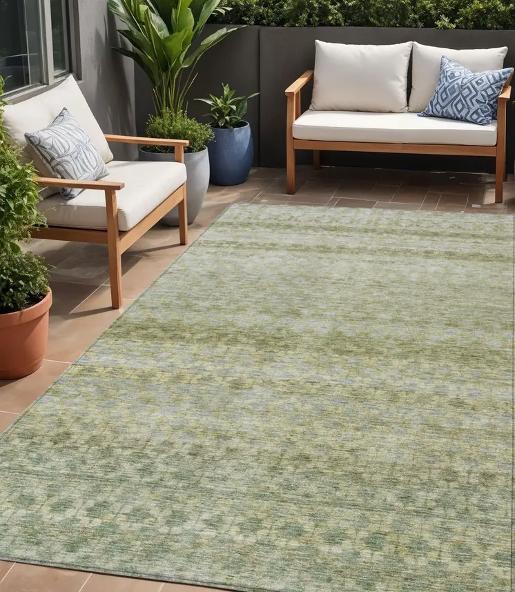 5' X 8' Artichoke Green And Beige Striped Washable Indoor Outdoor Area Rug