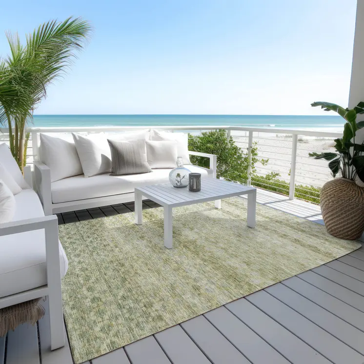 5' X 8' Artichoke Green And Beige Striped Washable Indoor Outdoor Area Rug