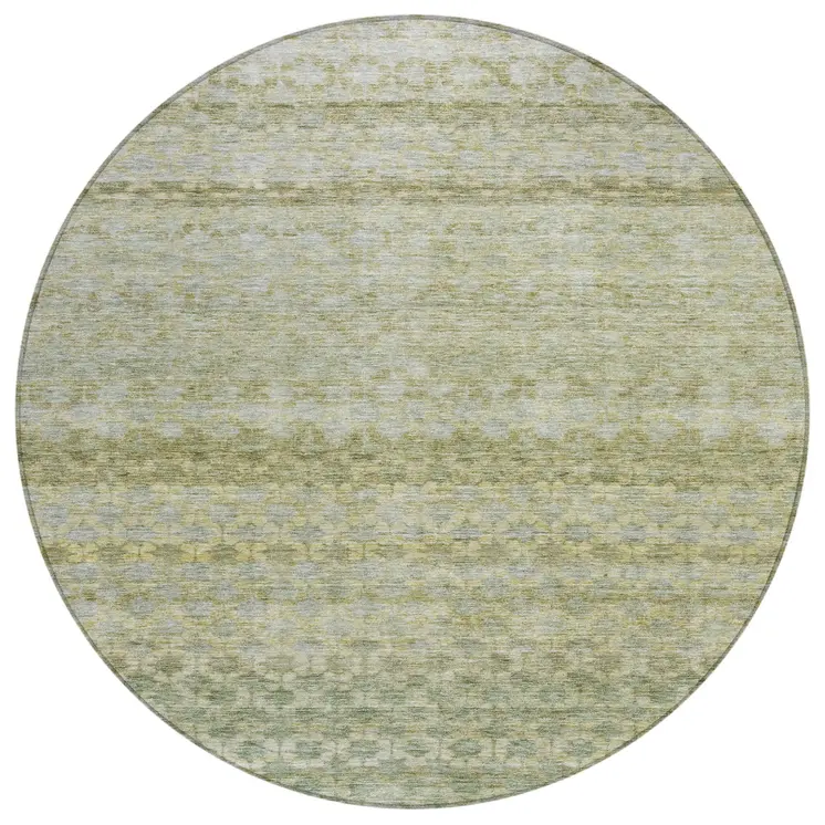 8' Artichoke Green And Beige Round Striped Washable Indoor Outdoor Area Rug