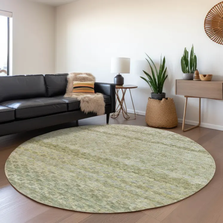 8' Artichoke Green And Beige Round Striped Washable Indoor Outdoor Area Rug