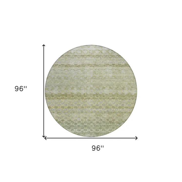 8' Artichoke Green And Beige Round Striped Washable Indoor Outdoor Area Rug