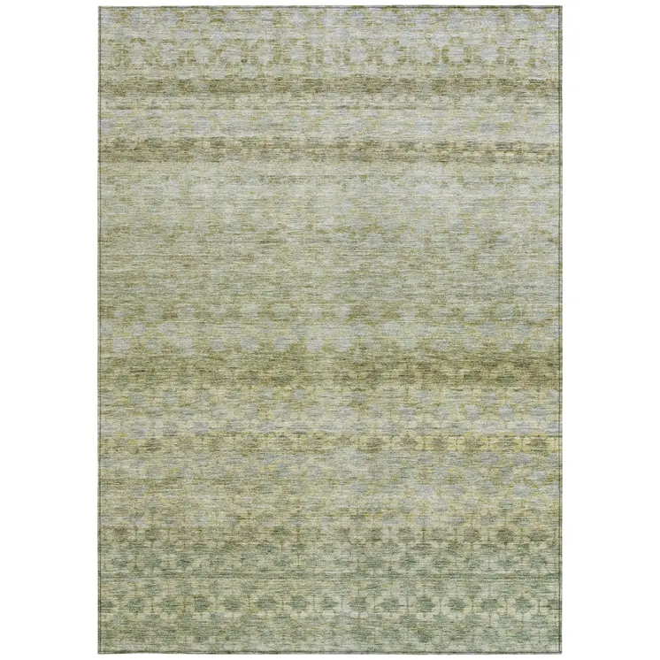 10' X 14' Artichoke Green And Beige Striped Washable Indoor Outdoor Area Rug