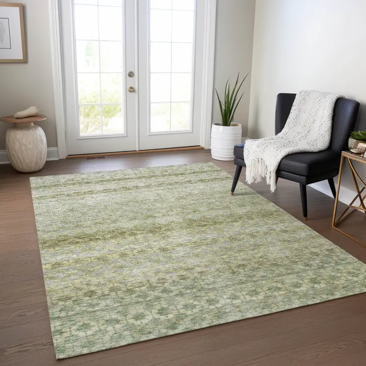 10' X 14' Artichoke Green And Beige Striped Washable Indoor Outdoor Area Rug
