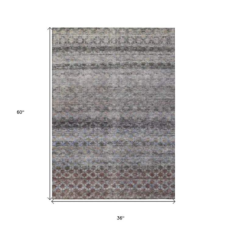 3' X 5' Brown Black And Brick Red Striped Washable Indoor Outdoor Area Rug