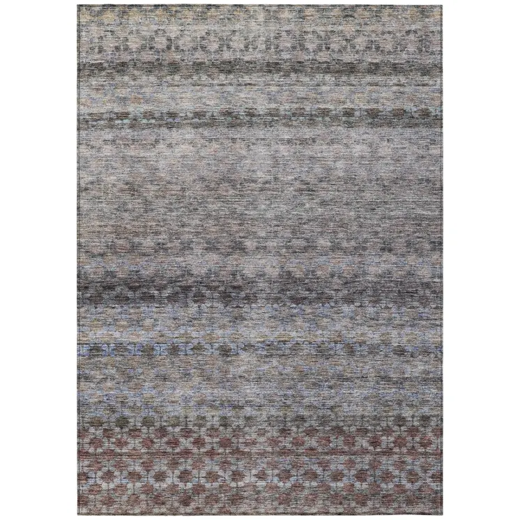5' X 8' Brown Black And Brick Red Striped Washable Indoor Outdoor Area Rug
