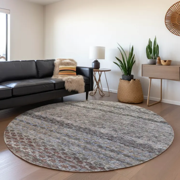8' Brown Black And Brick Red Round Striped Washable Indoor Outdoor Area Rug
