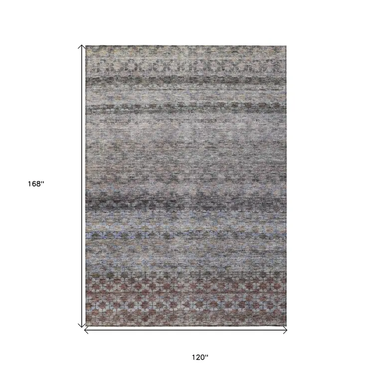 10' X 14' Brown Black And Brick Red Striped Washable Indoor Outdoor Area Rug