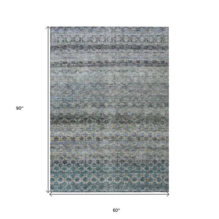 5' X 8' Teal Blue Light Blue And Gray Striped Washable Indoor Outdoor Area Rug