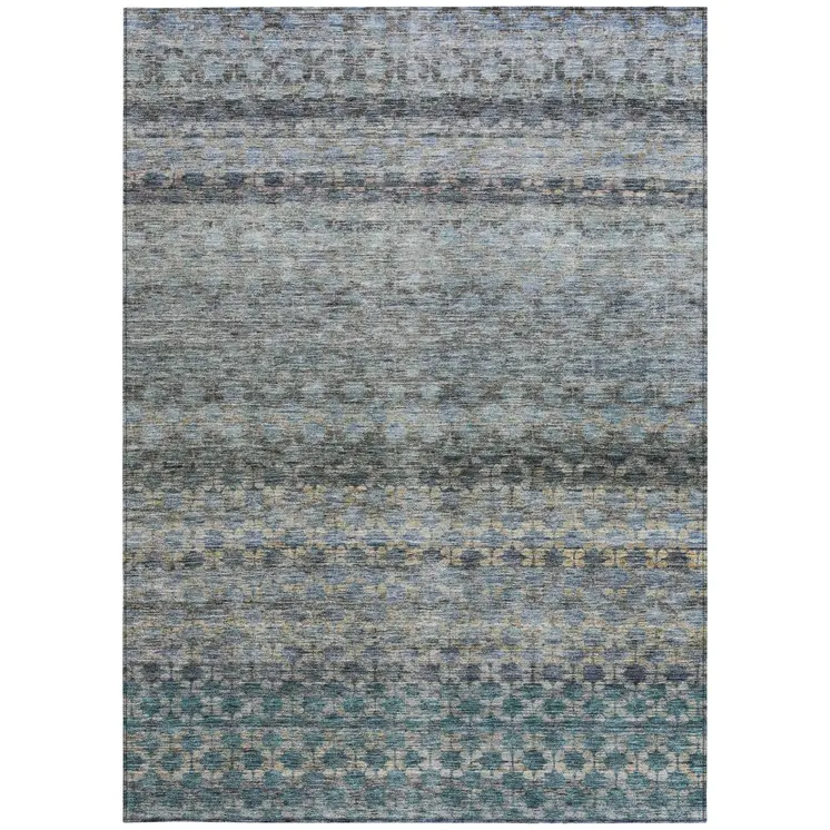 9' X 12' Teal Blue Light Blue And Gray Striped Washable Indoor Outdoor Area Rug