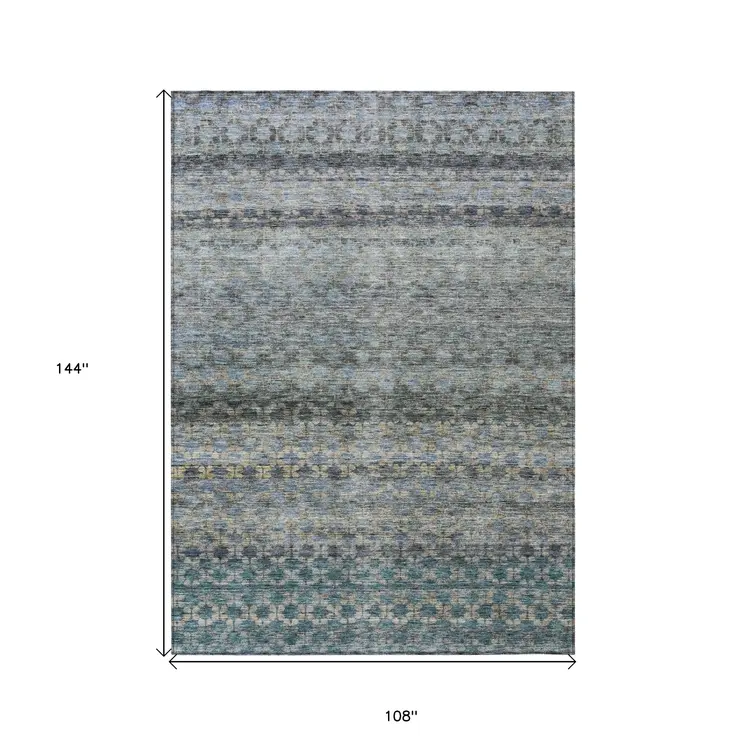 9' X 12' Teal Blue Light Blue And Gray Striped Washable Indoor Outdoor Area Rug