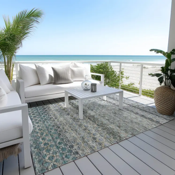 9' X 12' Teal Blue Light Blue And Gray Striped Washable Indoor Outdoor Area Rug