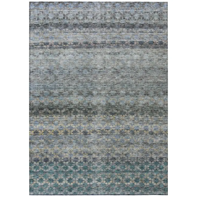 9' X 12' Teal Blue Light Blue And Gray Striped Washable Indoor Outdoor Area Rug