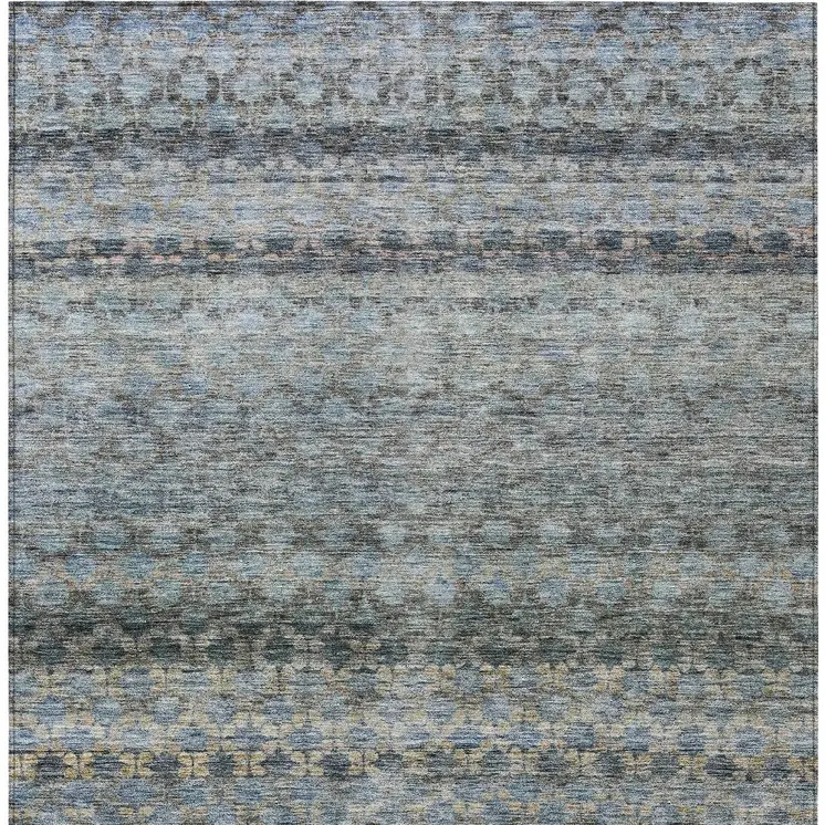 9' X 12' Teal Blue Light Blue And Gray Striped Washable Indoor Outdoor Area Rug