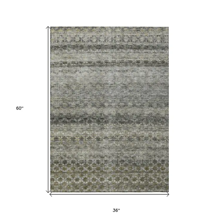 3' X 5' Pewter And Green Striped Washable Indoor Outdoor Area Rug