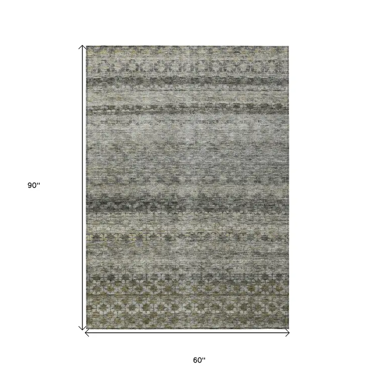 5' X 8' Pewter And Green Striped Washable Indoor Outdoor Area Rug