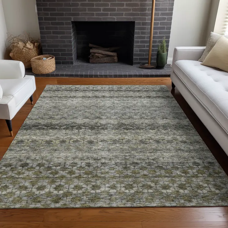 5' X 8' Pewter And Green Striped Washable Indoor Outdoor Area Rug