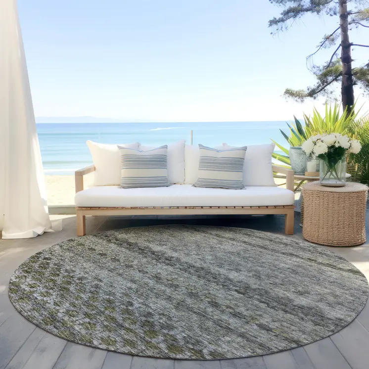8' Pewter And Green Round Striped Washable Indoor Outdoor Area Rug