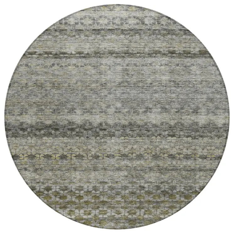 8' Pewter And Green Round Striped Washable Indoor Outdoor Area Rug