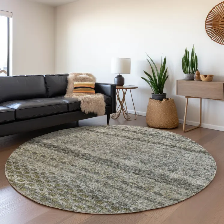 8' Pewter And Green Round Striped Washable Indoor Outdoor Area Rug
