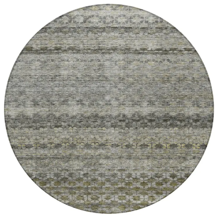 8' Pewter And Green Round Striped Washable Indoor Outdoor Area Rug