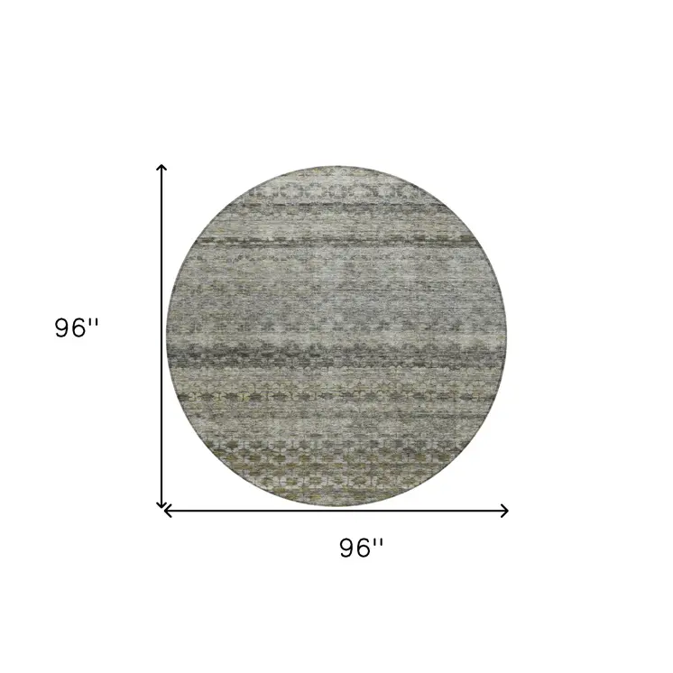 8' Pewter And Green Round Striped Washable Indoor Outdoor Area Rug