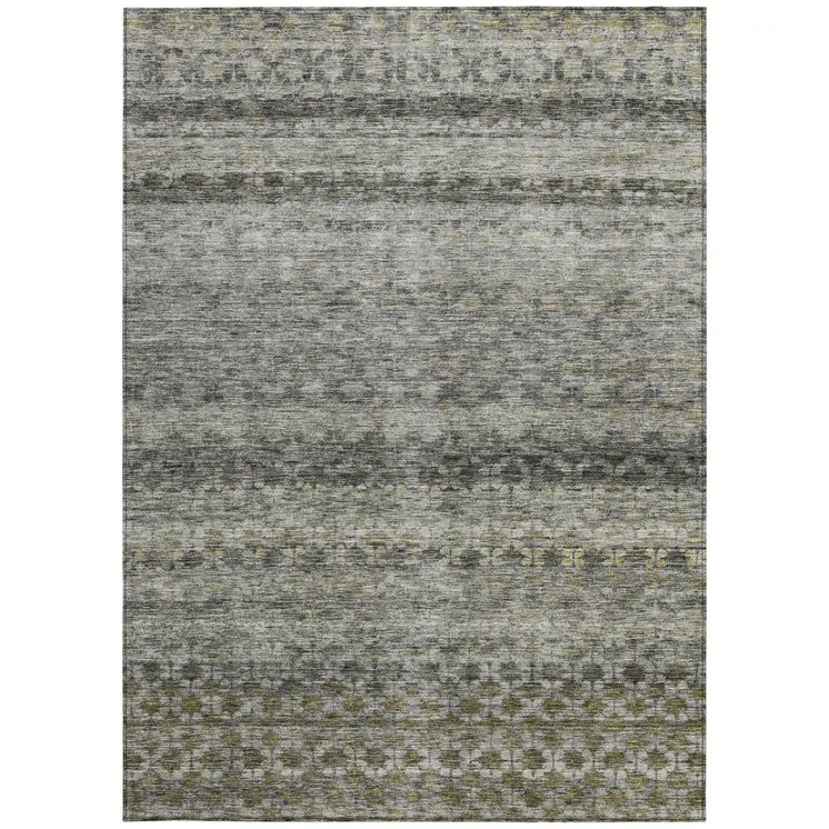 8' X 10' Pewter And Green Striped Washable Indoor Outdoor Area Rug
